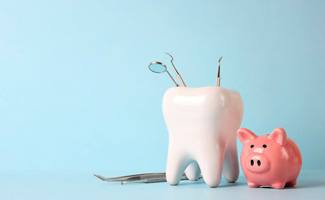 Piggy bank next to prop tooth holding dental tools