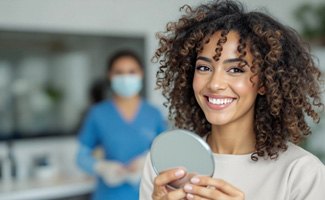 Smiling woman holding a hand mirror